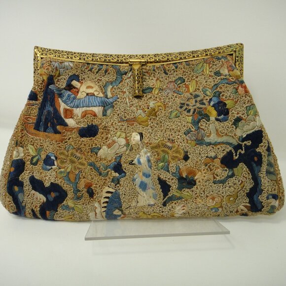 Embroidered Clutch Purse w Belt or Wrist Loop Strap Asian Figures - Picture 1 of 15